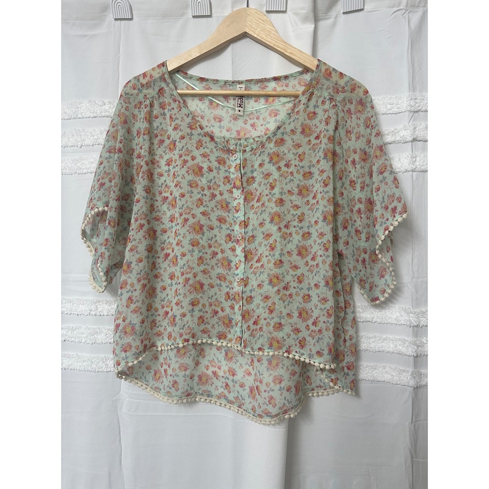 Mudd Women Mint Green Floral Pom Pom Trim High Low Blouse Sheer Fairy Buttons M